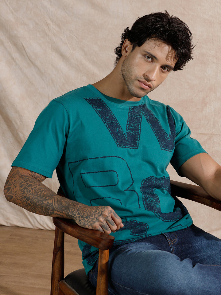 Distressed Typography Slim Fit T-Shirt | Teal