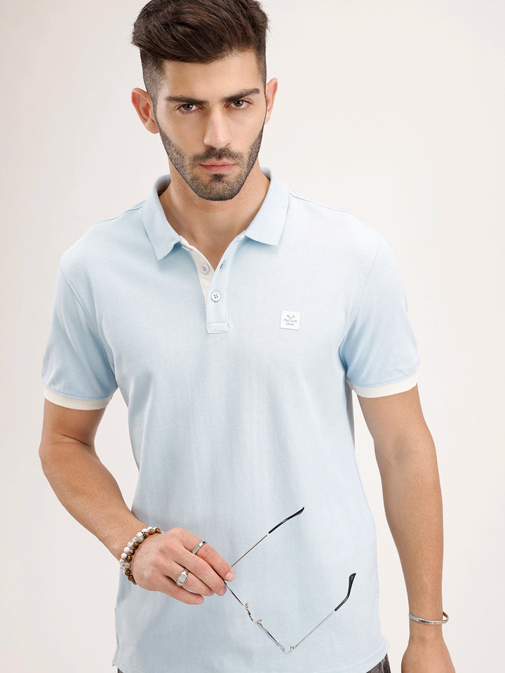 Solid Contrast Sleeves Polo T-Shirt | Light Blue