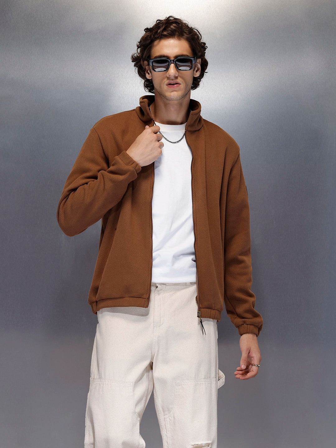 Men’s brown textured zip-up jacket | Brown