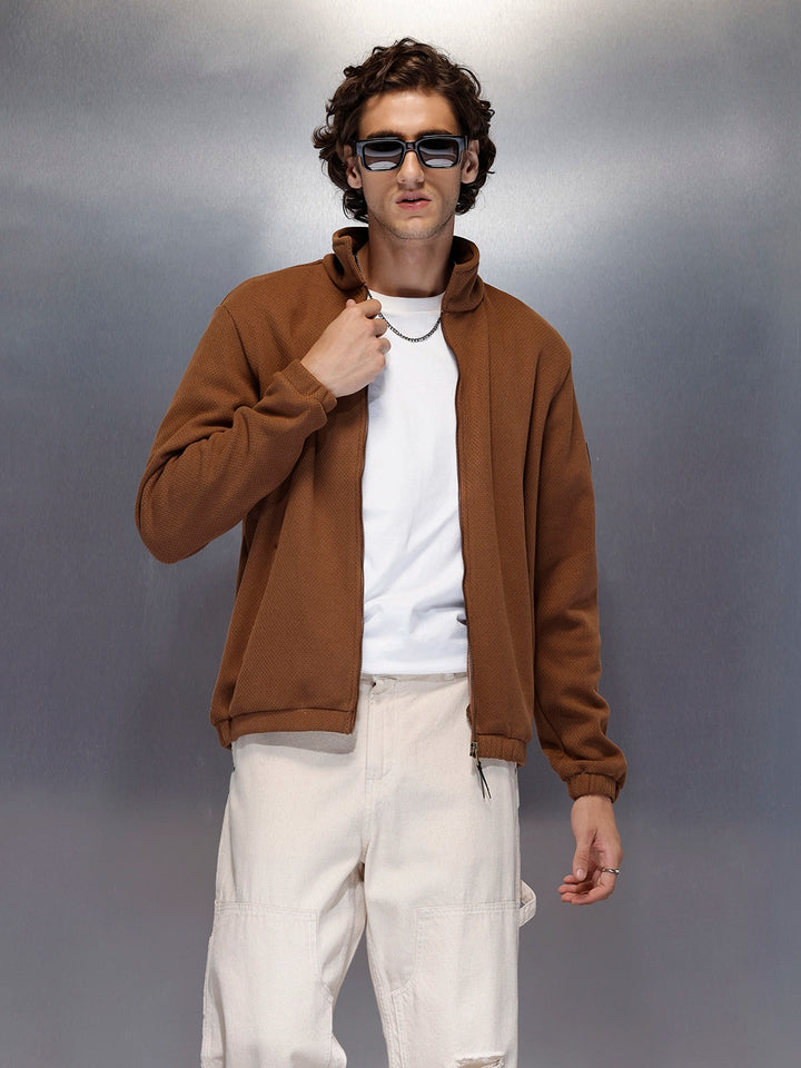 Men’s brown textured zip-up jacket | Brown