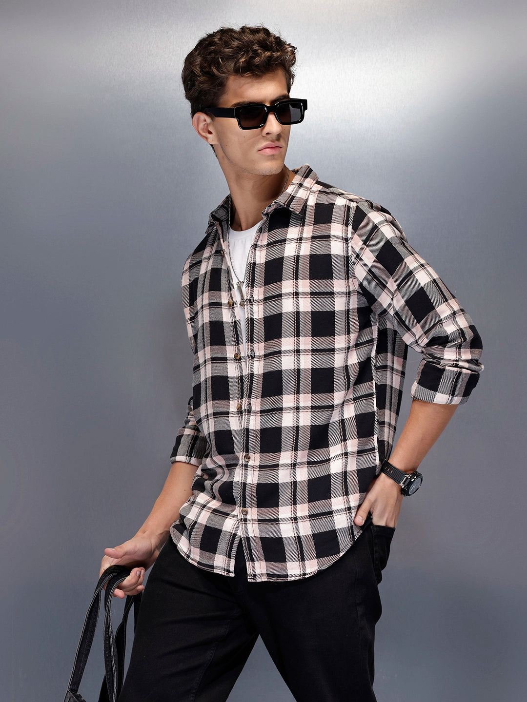 Men’s modern bold check casual shirt | Brown