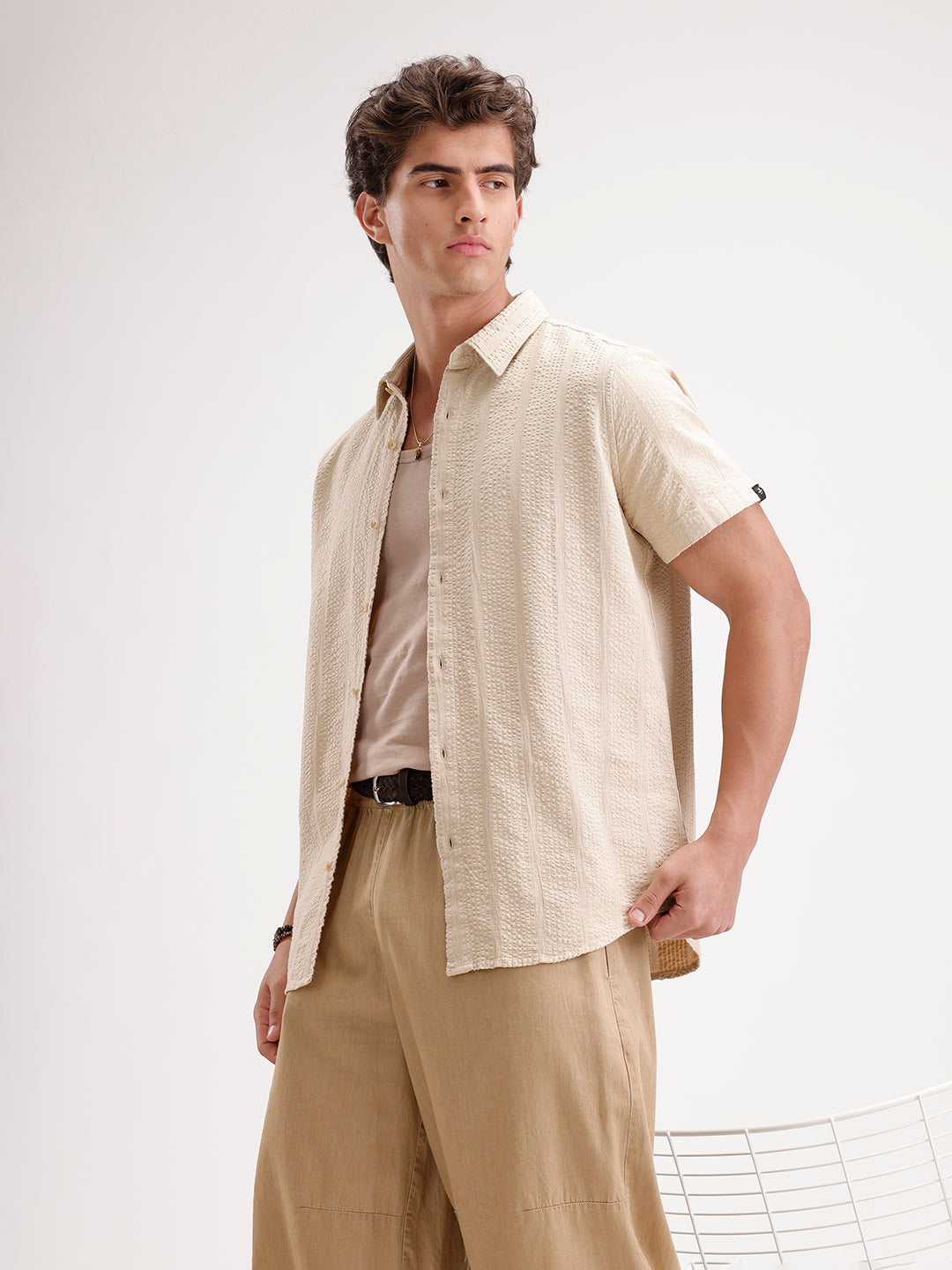 Slim Fit Textured Half Sleeve Shirt  | Cream