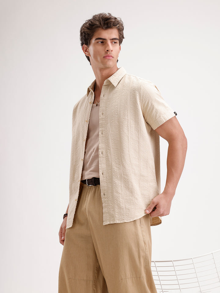 Slim Fit Textured Half Sleeve Shirt  | Cream