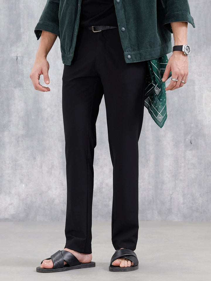 Slim Fit Poly Viscose Lycra Trousers | Black