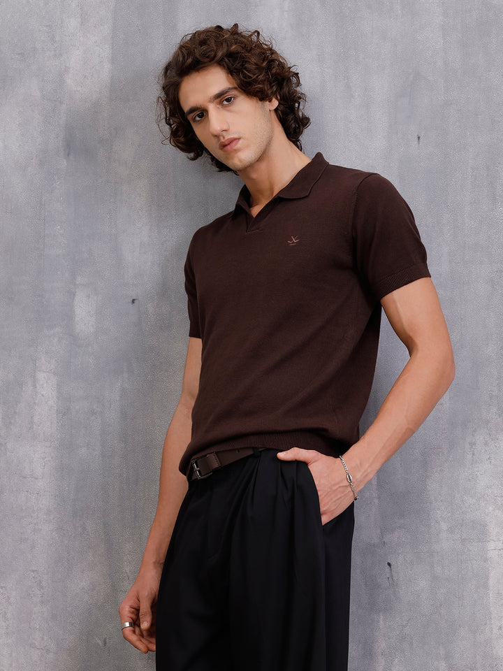 Premium Flat Knit Slim Fit Polo T-Shirt | Brown