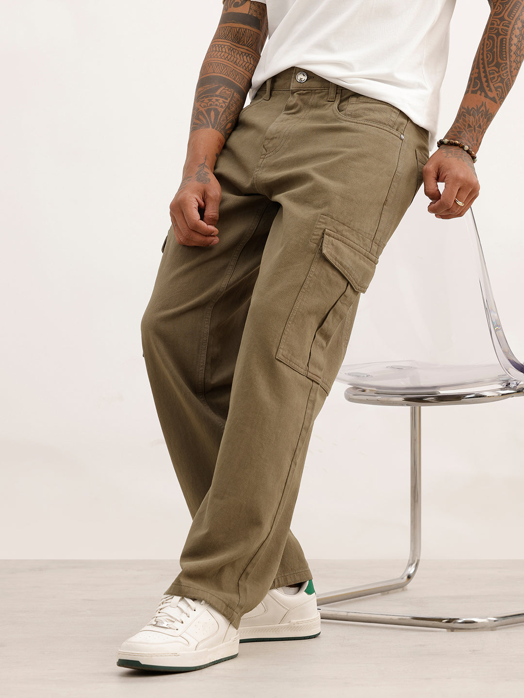 Loose Fit Solid Denim Cargo | Olive