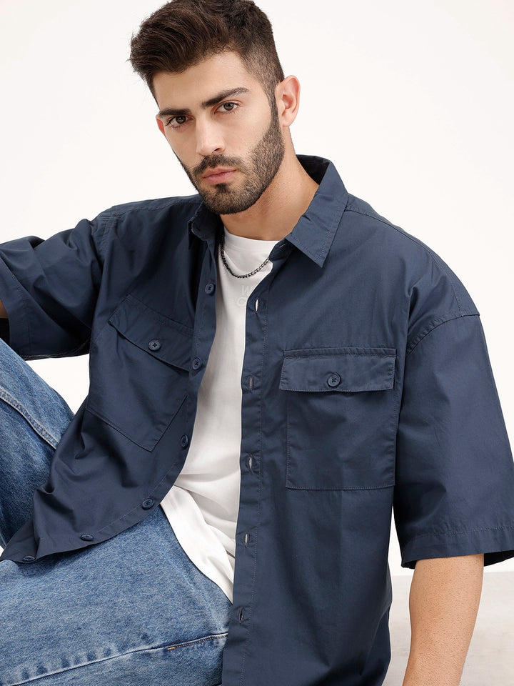 Oversized Double Pocket Half Sleeve Shirt | Blue
