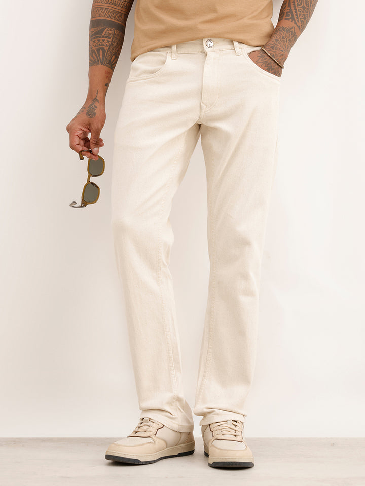 Solid Straight Fit Denim Jeans | Cream