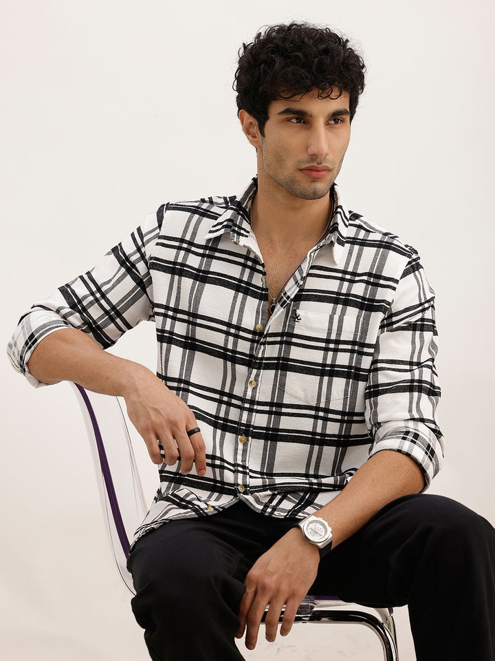 Slim Fit Checkered Full Sleeve Shirt | White
