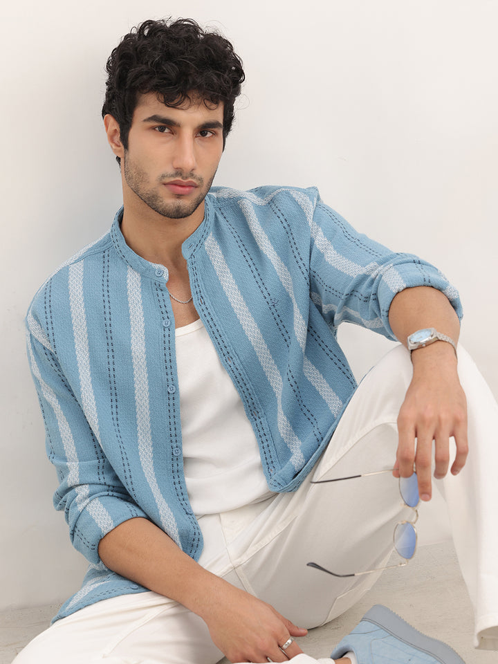 Comfort Fit Mandrin Collar Stripe Shirt | Blue