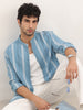 Comfort Fit Mandrin Collar Stripe Shirt | Blue