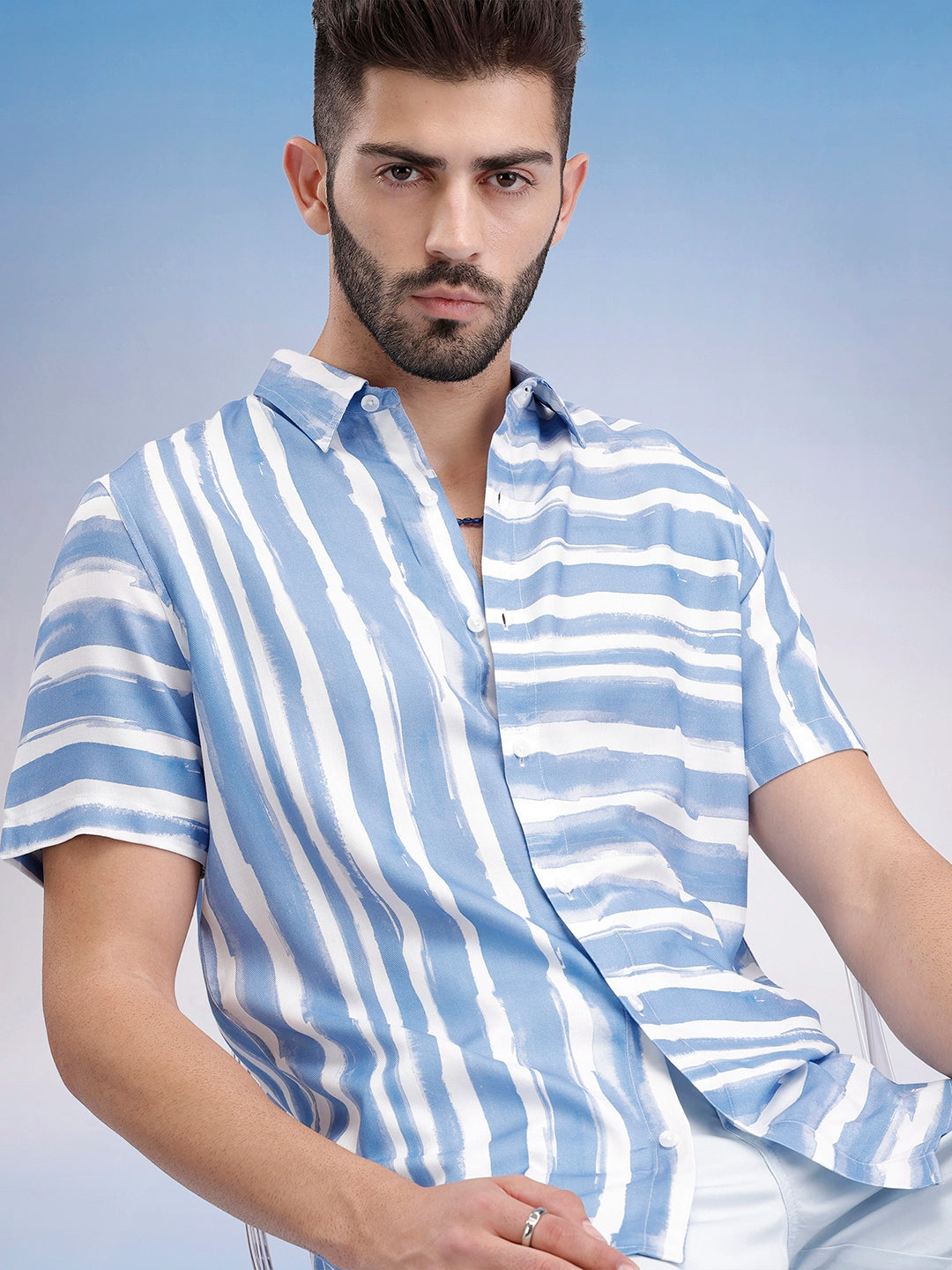 Slim Fit Striped Half Sleeve Shirt | Blue