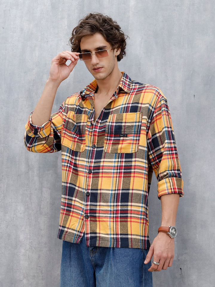 Wrogn Men's Checked Oversized Shirt | Yellow