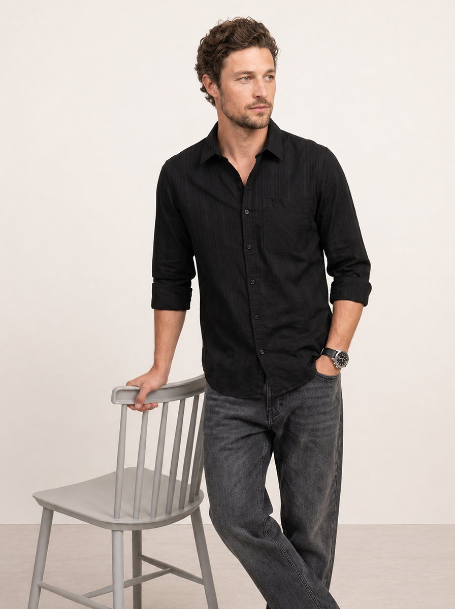Textured Slim Fit Full Sleeves Shirt | Black