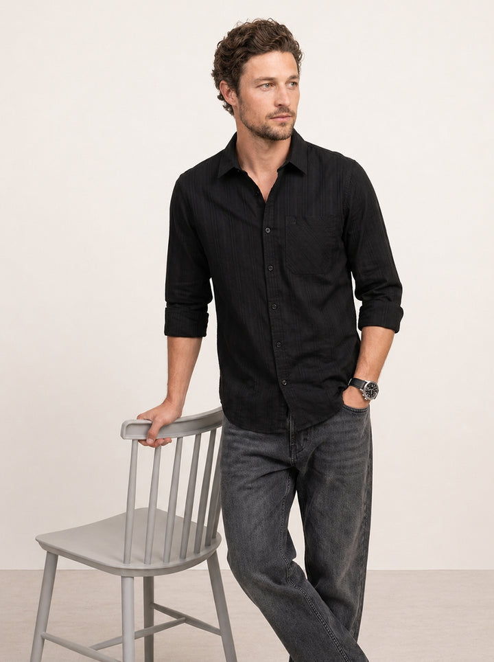 Textured Slim Fit Full Sleeves Shirt | Black