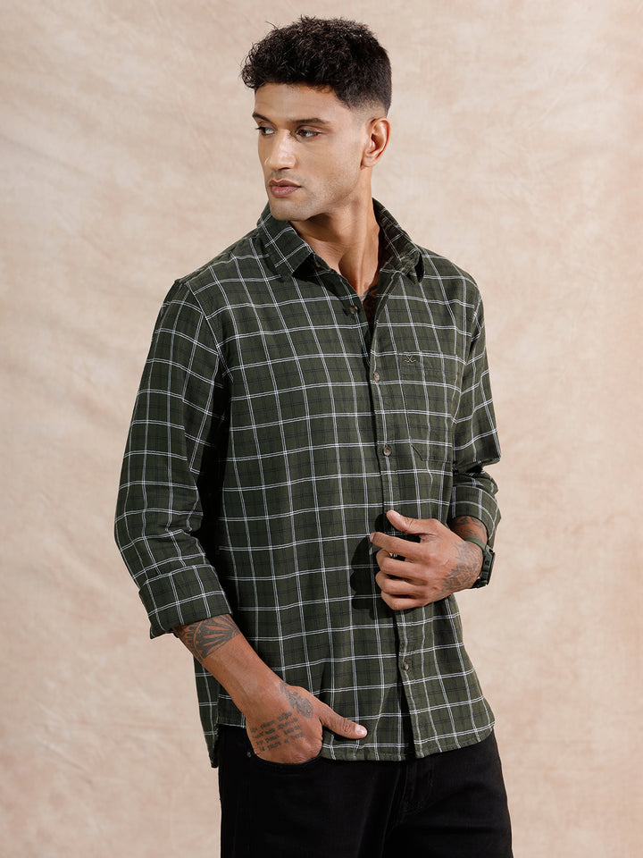 Contrast Checks Regular Fit Shirt | Green