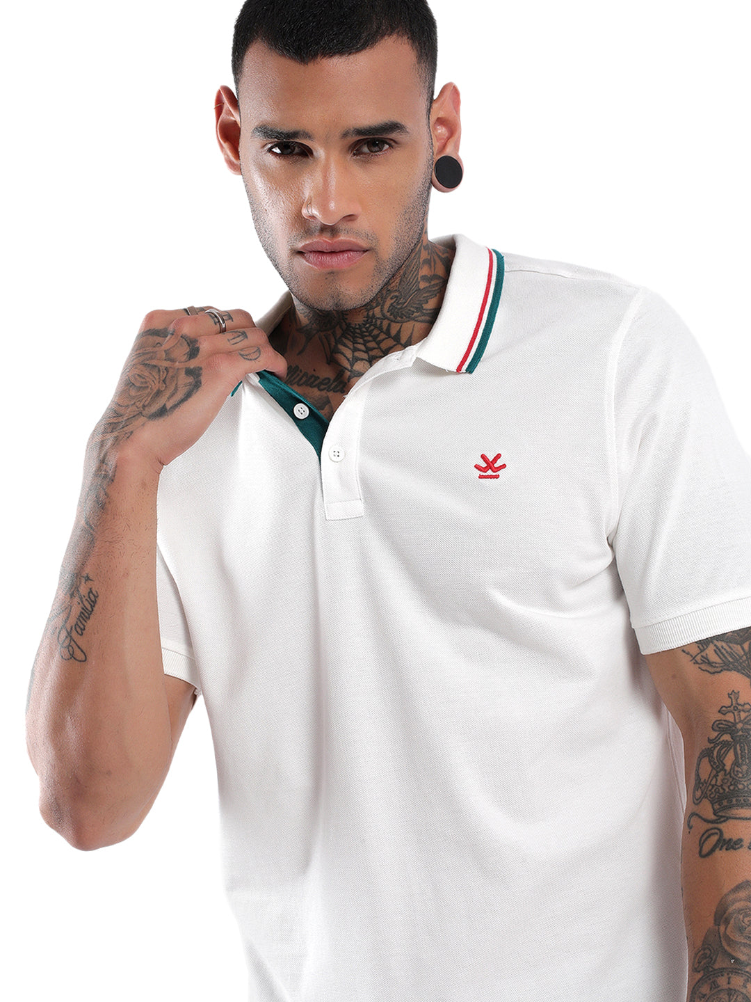 Solid White Tipped Collar Polo