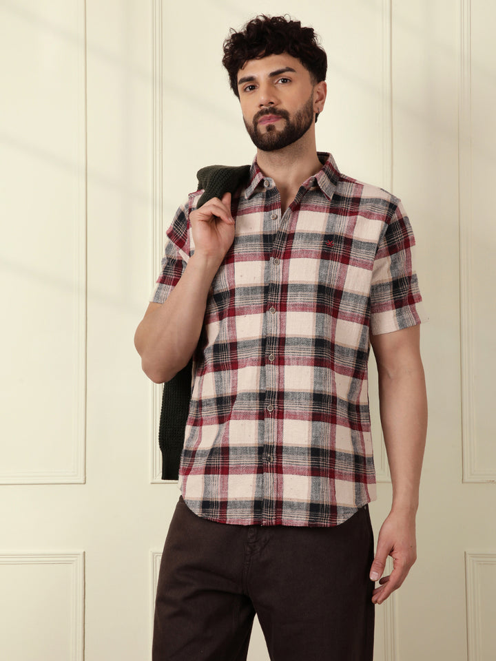 Textured Checks Cotton Shirt | Maroon