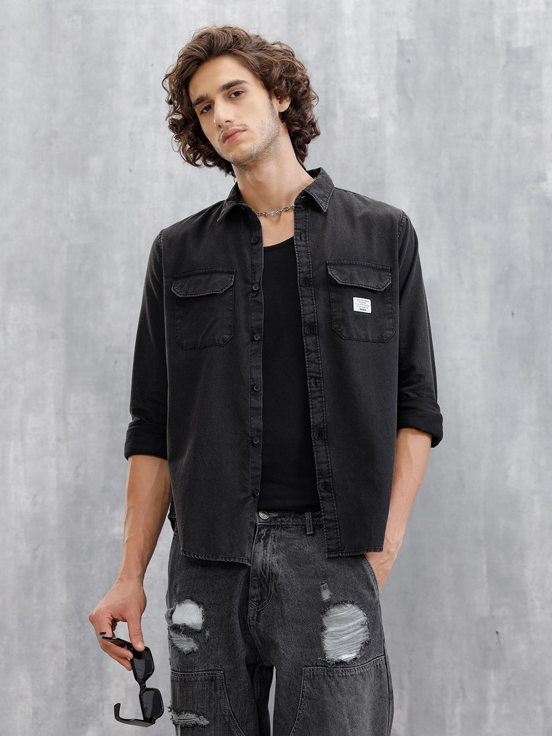 Double Pocket Overdyed Shirt | Black