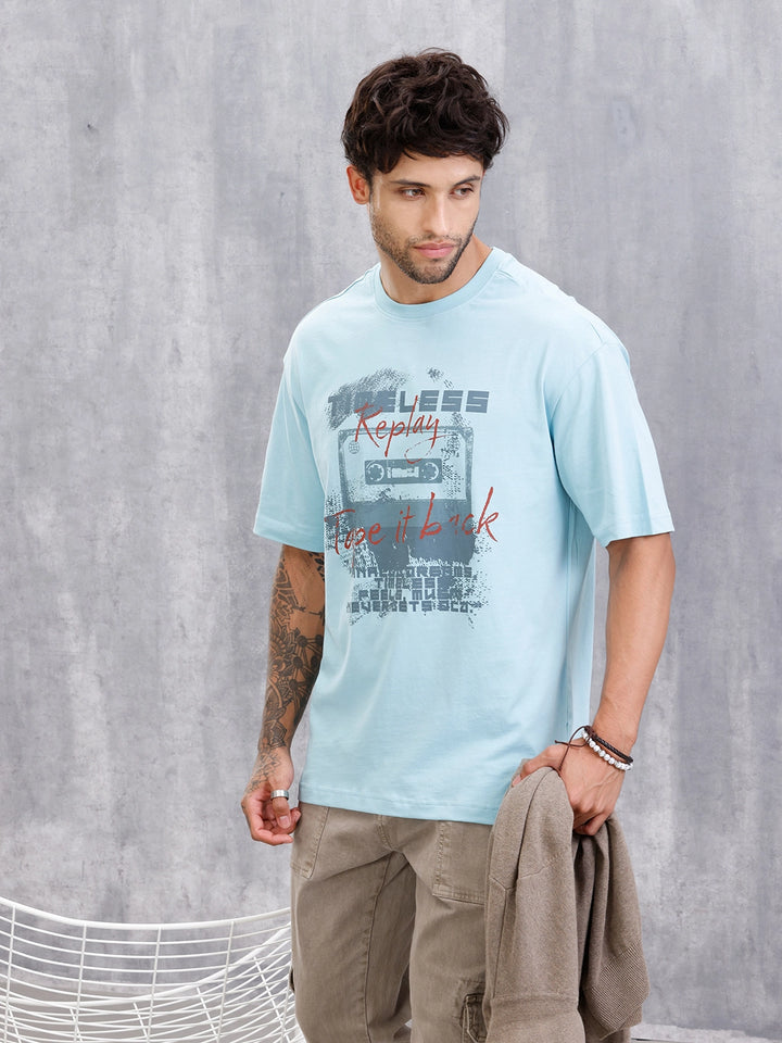 Timeless Casette Graphic Printed Oversized Fit Tshirt | Light Blue