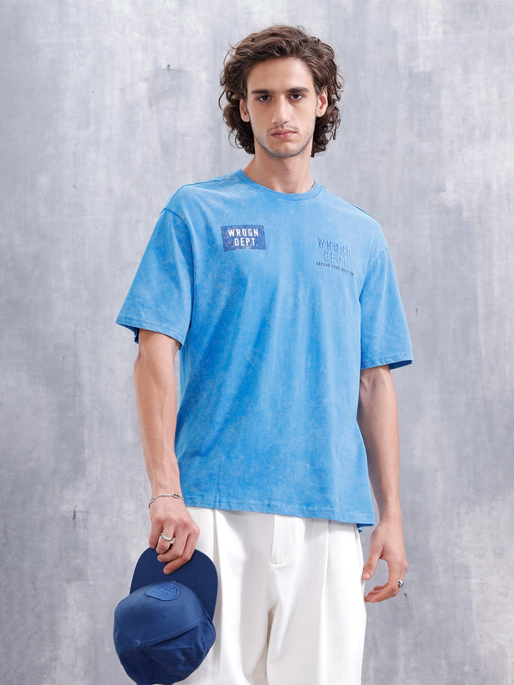 Washed Oversized Crew Neck Tshirt With Print | Blue