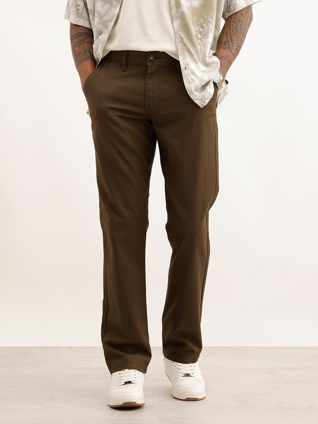 Solid Straight Fit Cotton Trousers | Olive