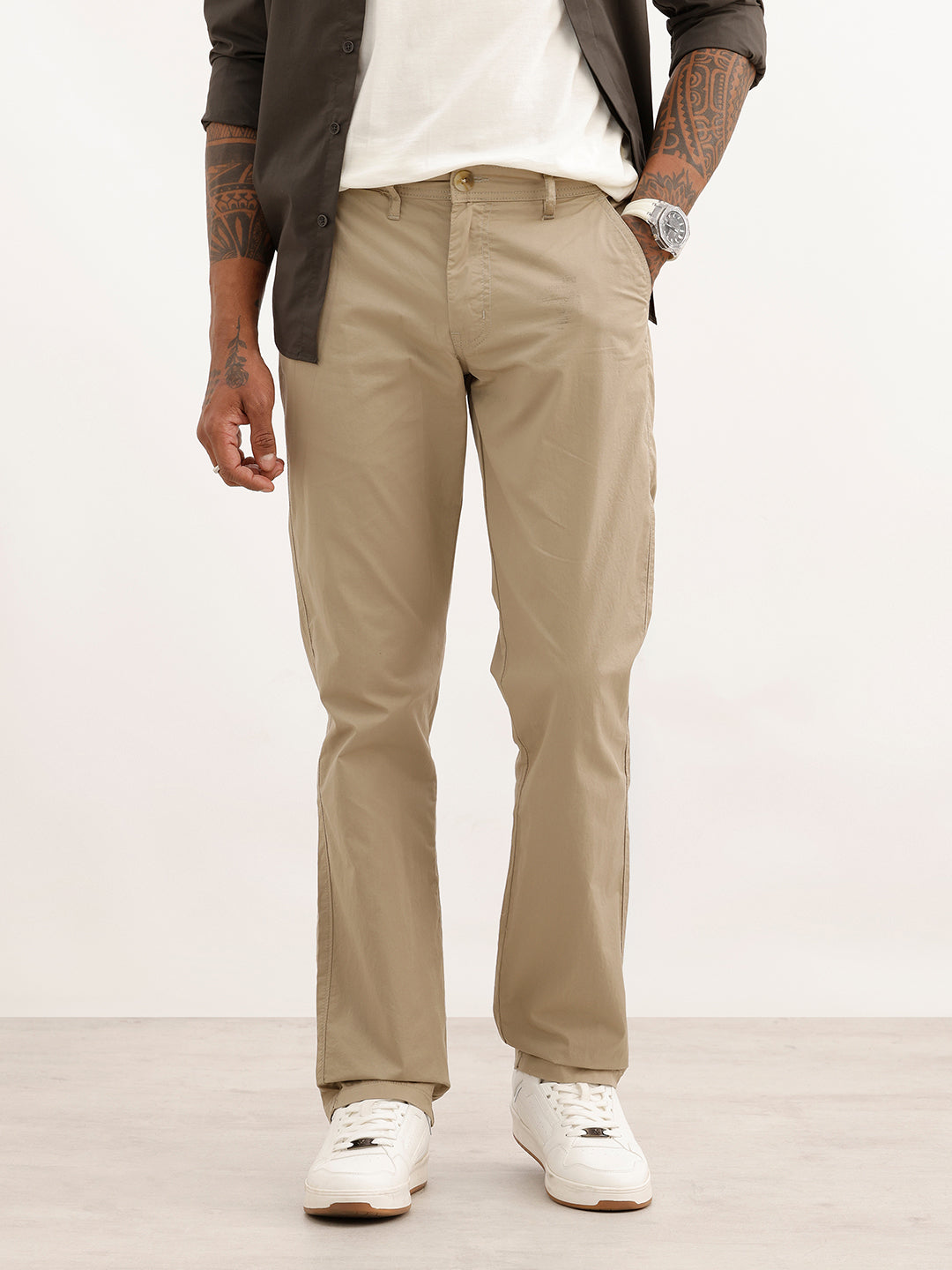 Solid Straight Fit Trouser | Beige