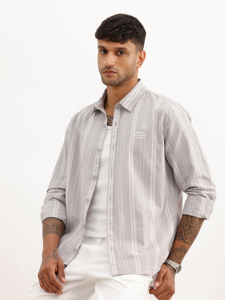 Slim Fit Striped Embroidered Detail Shirt | Grey