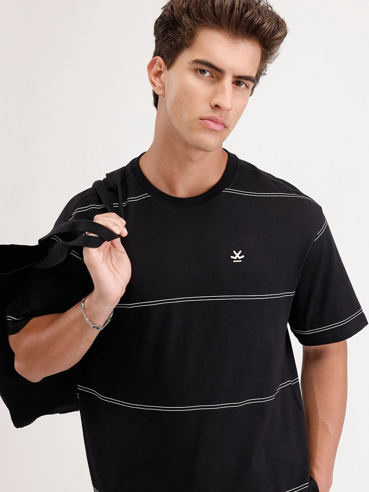 Oversized Printed Striped T-Shirt | Black