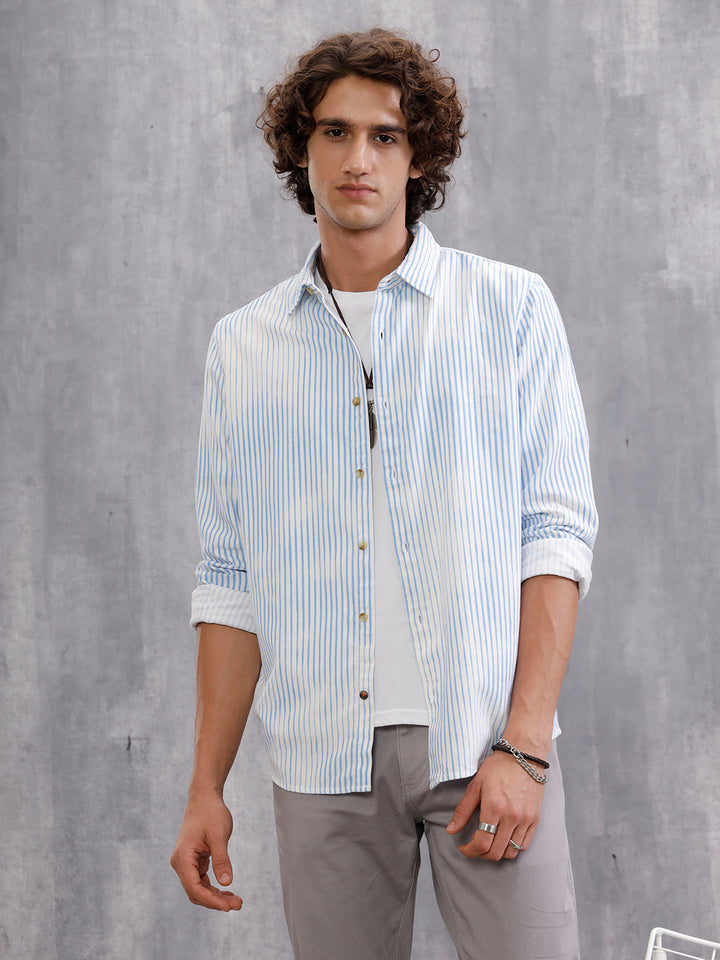 Corduroy Lenticular Stripe Print Shirt | White