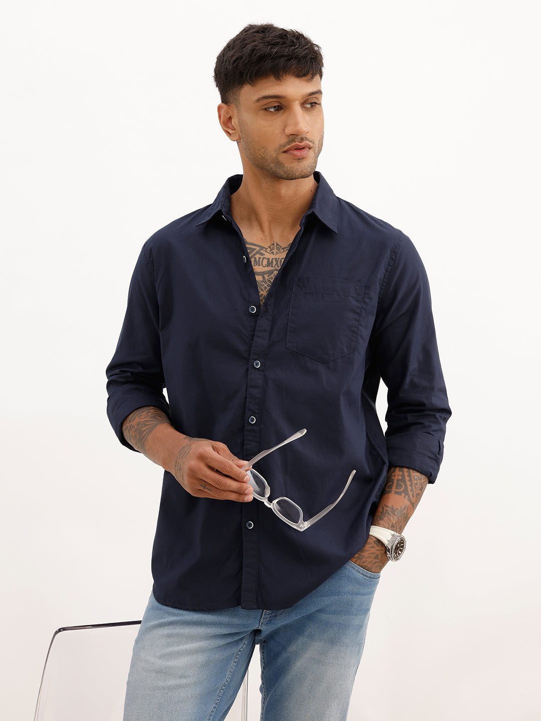 Solid Regular Fit Full Sleeve Shirt | Navy Blue | WRSH2065F