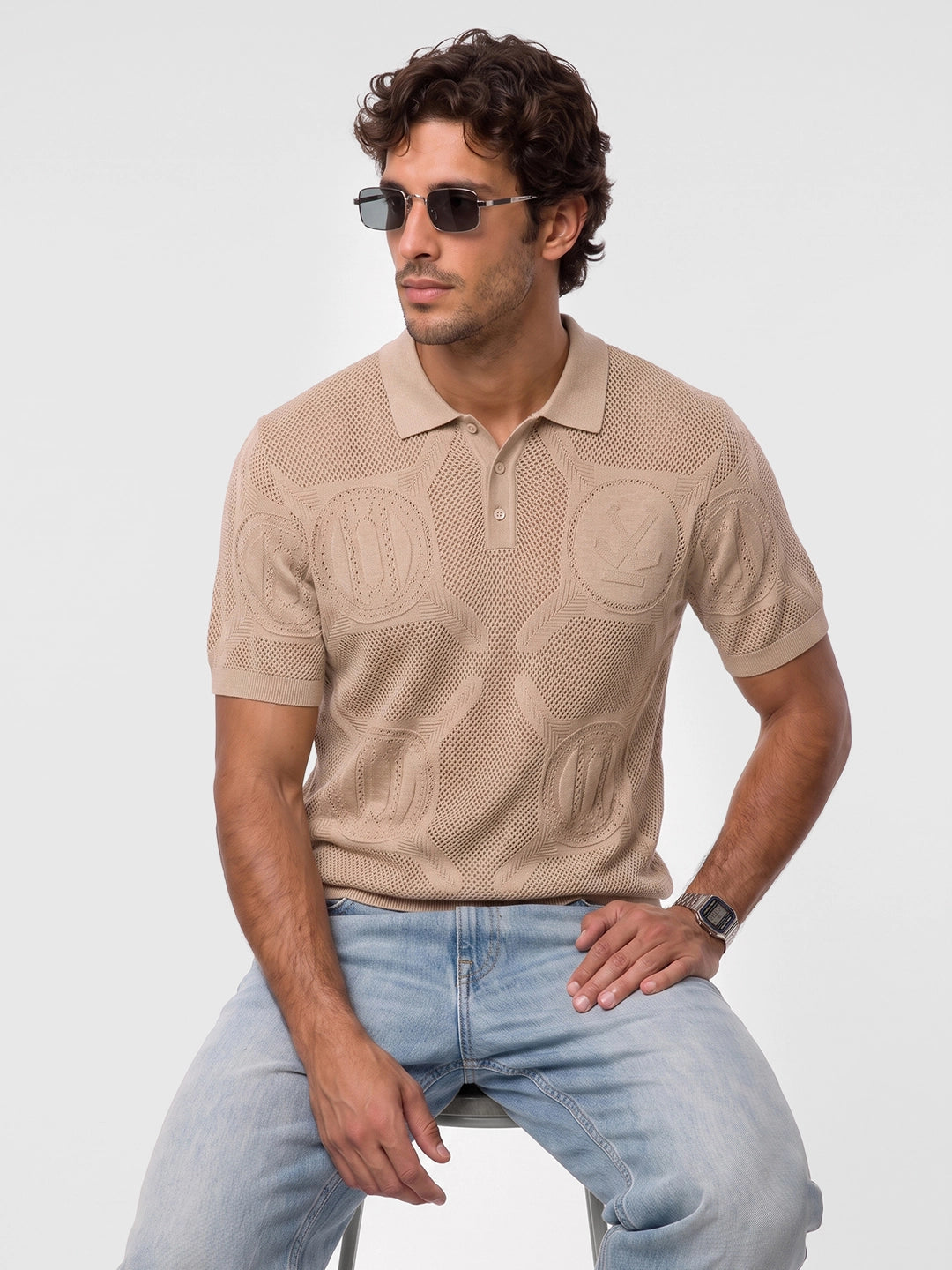 Classic Oversized Flatknit Polo T-Shirt | Brown