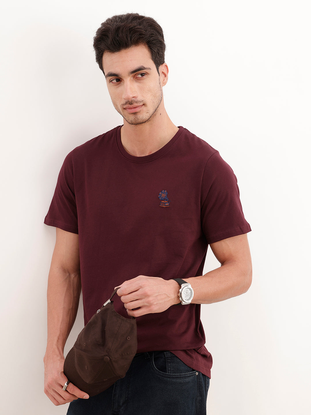 Slim Fit Quirky Emroidered Patch Detail T-Shirt | Wine