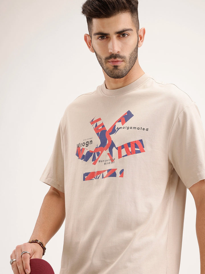 Oversized Placement Printed T-Shirt | Beige