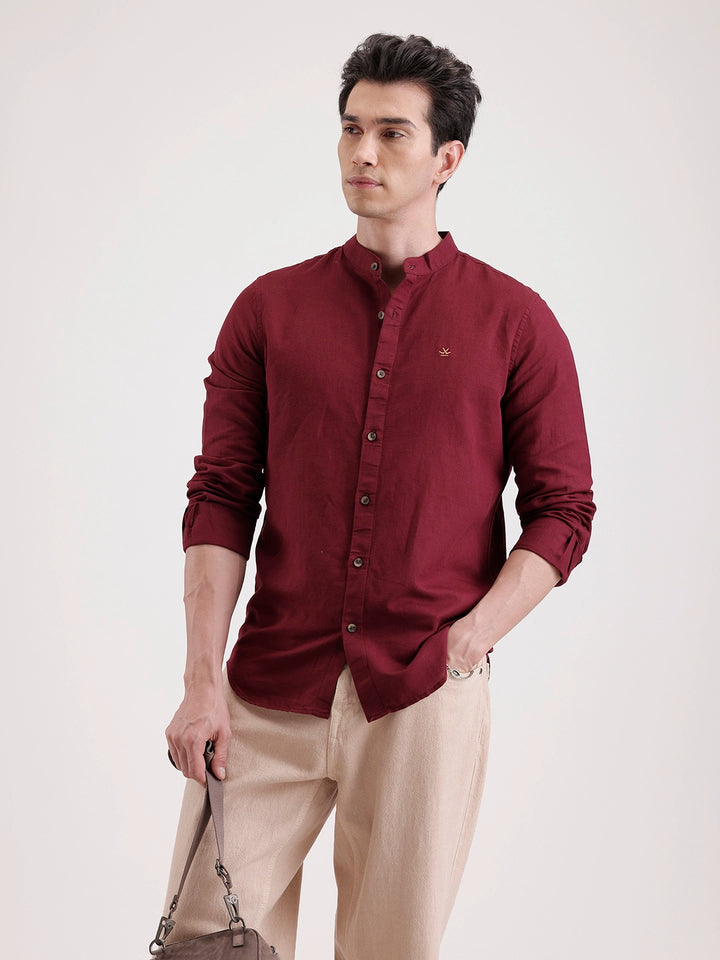 Slim Fit Mandrin Collar Linen Blend Shirt  | Wine