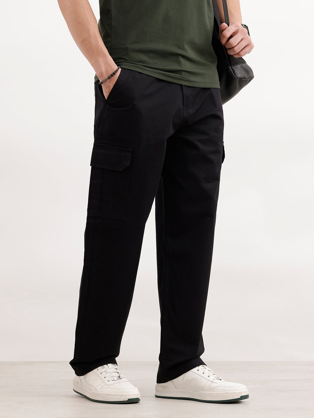 Solid Loose Fit Cargo Trouser | Black