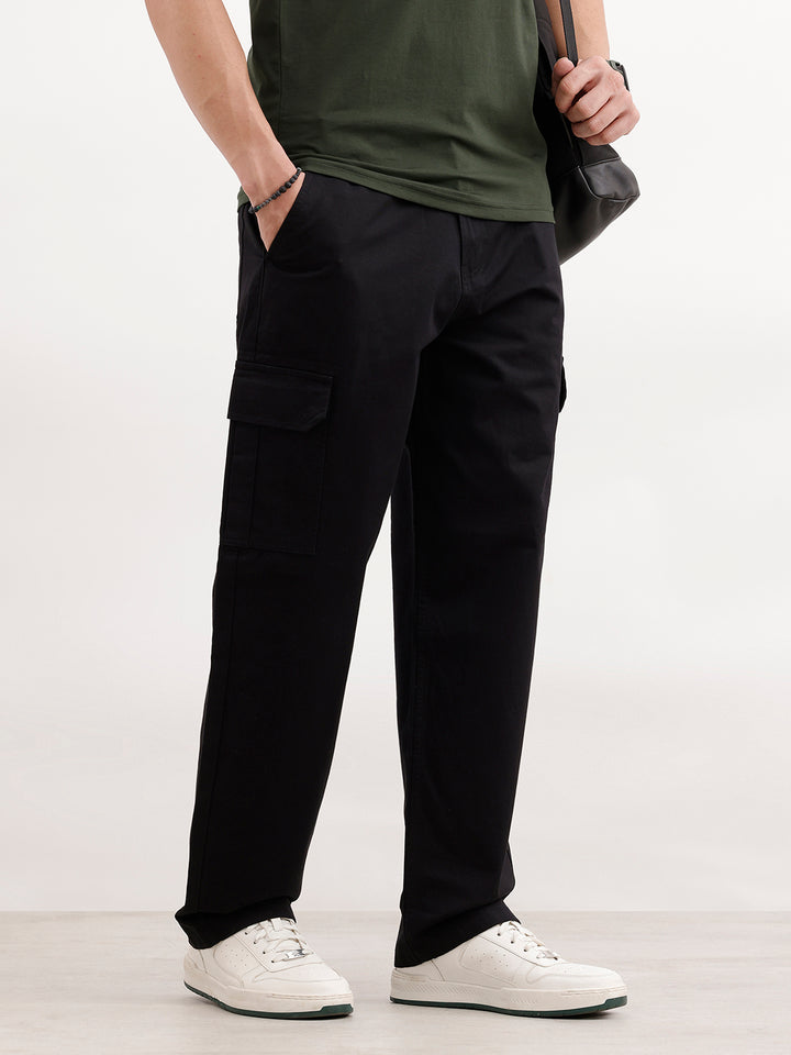 Solid Loose Fit Cargo Trouser | Black
