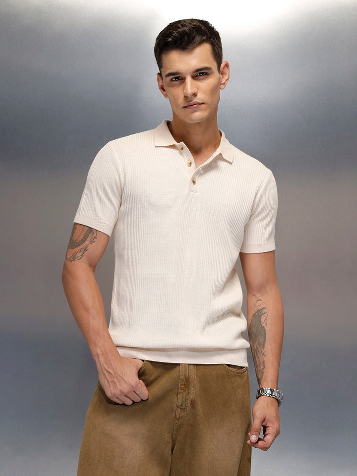 Textured Knit slim fit Polo T-shirt | Beige