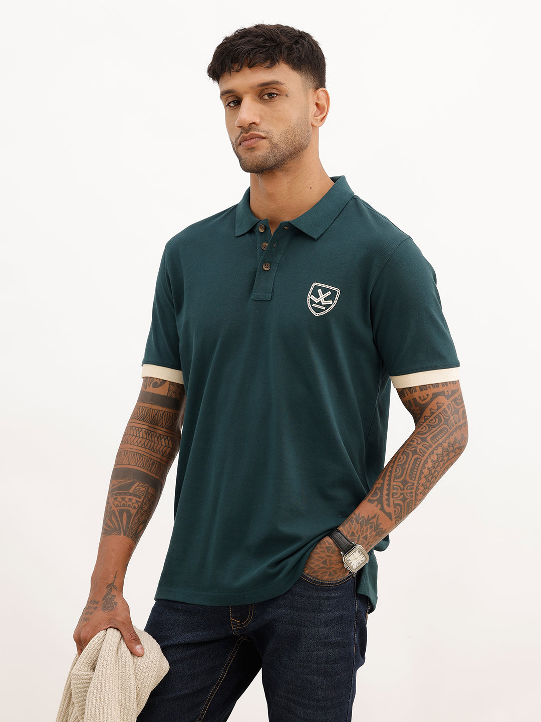 Regular Fit Contrast Sleeve Polo T-Shirt | Teal