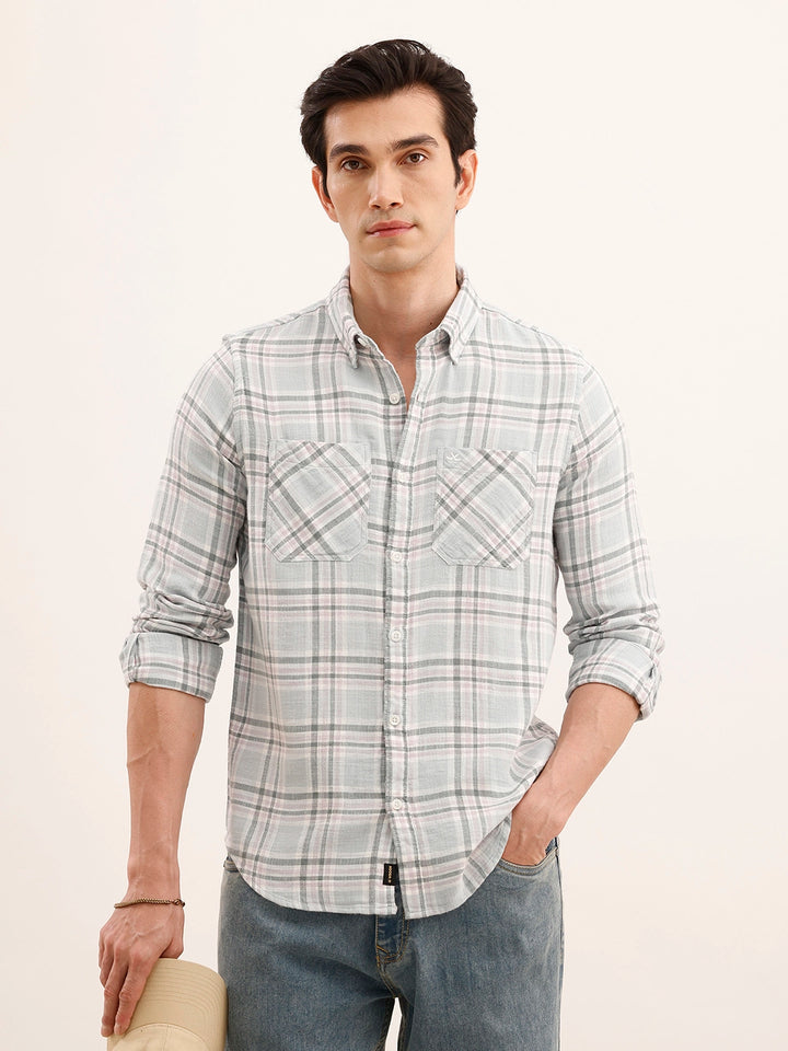 Regular Fit Checkered Double Pocket Shirt | Light Blue