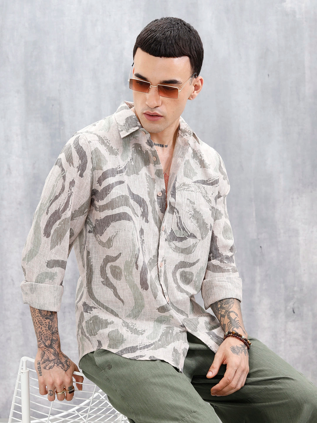 Wrogn Men's Printed Slim Fit Shirt  | Light Green