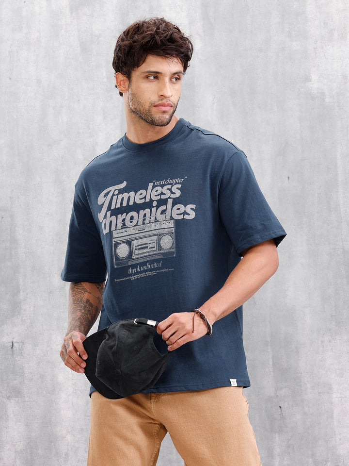 Retro Radio Grpahic Pritned Oversized Fit Tshirt | Blue