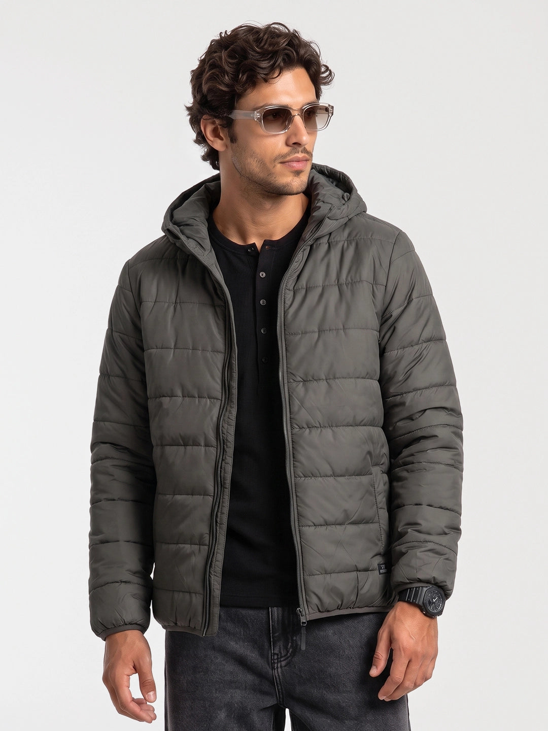 Regular Fit Puffer Hooded Jacket | Green