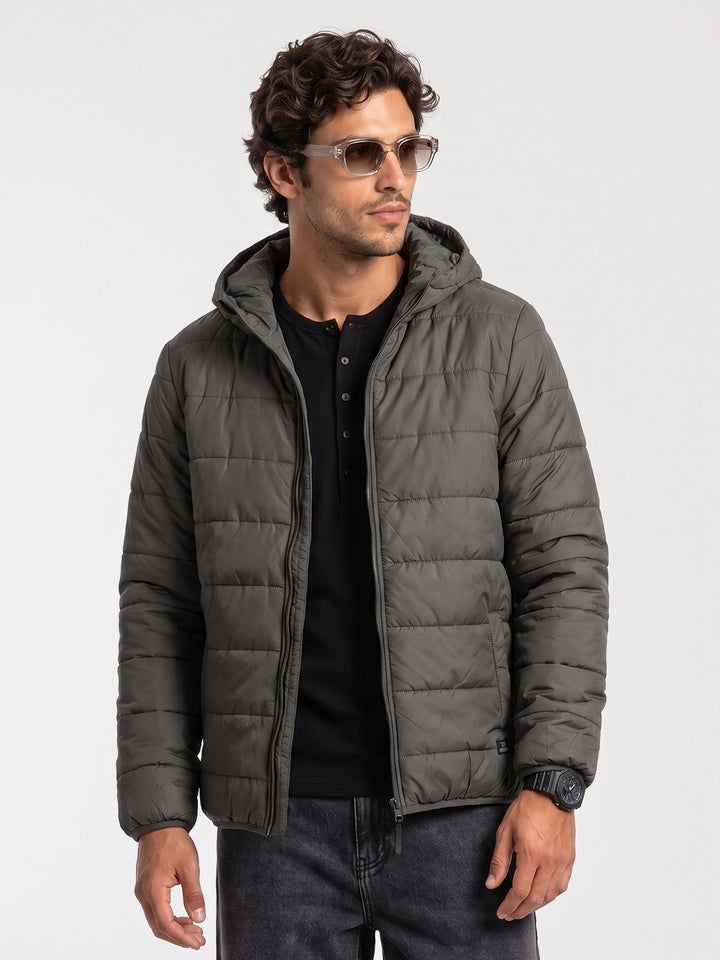 Regular Fit Puffer Hooded Jacket | Grey