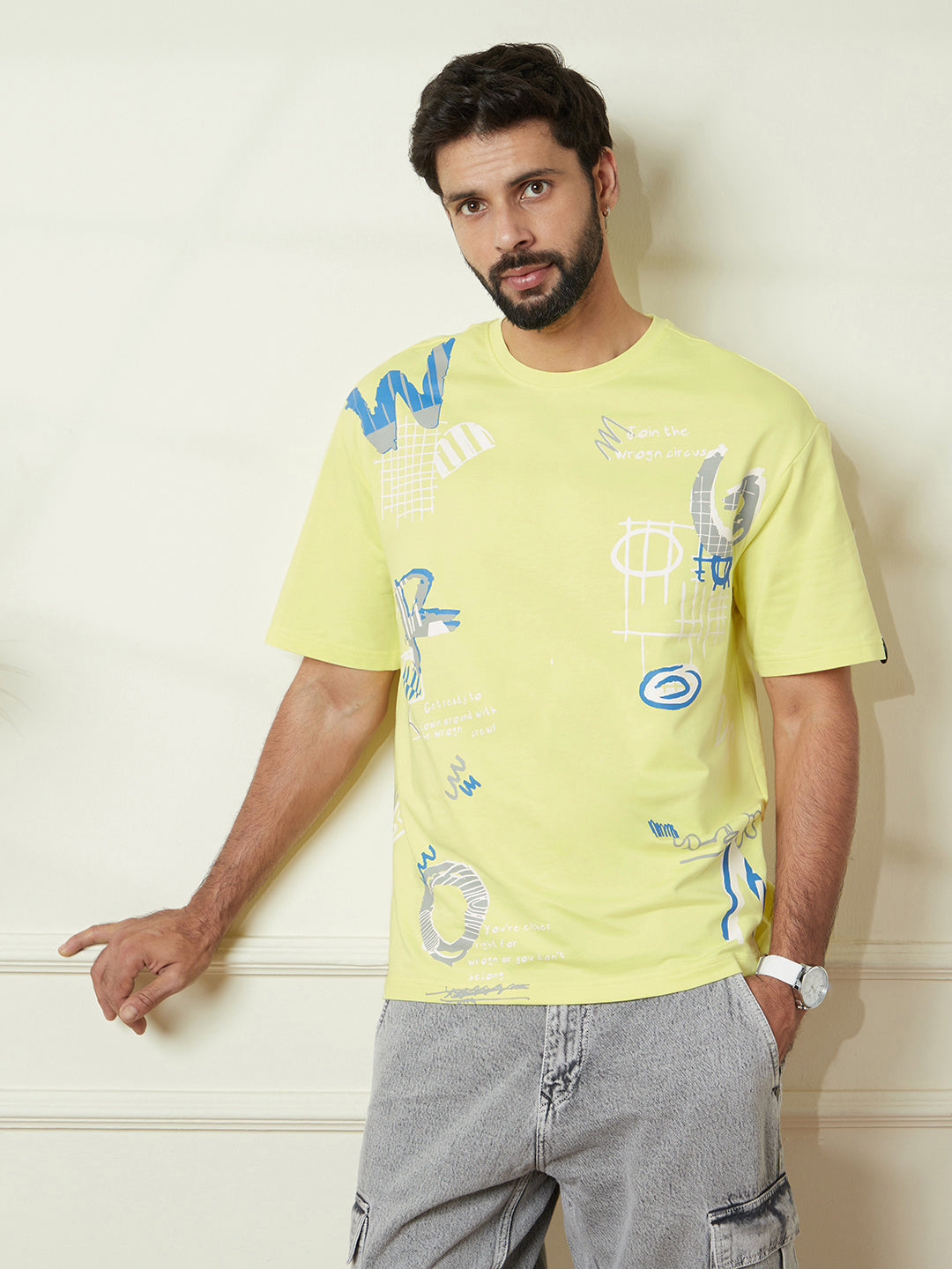 Wrogn Circus Placement Printed T-Shirt in Lime Green