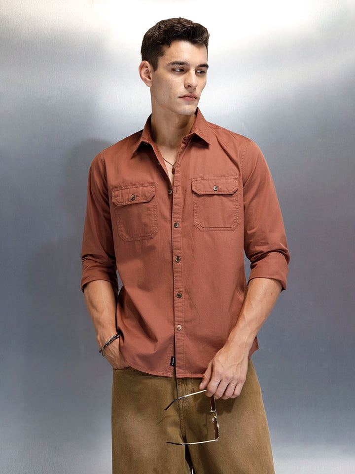 Men's Casual Cargo Double Pocket Shirt | Brown