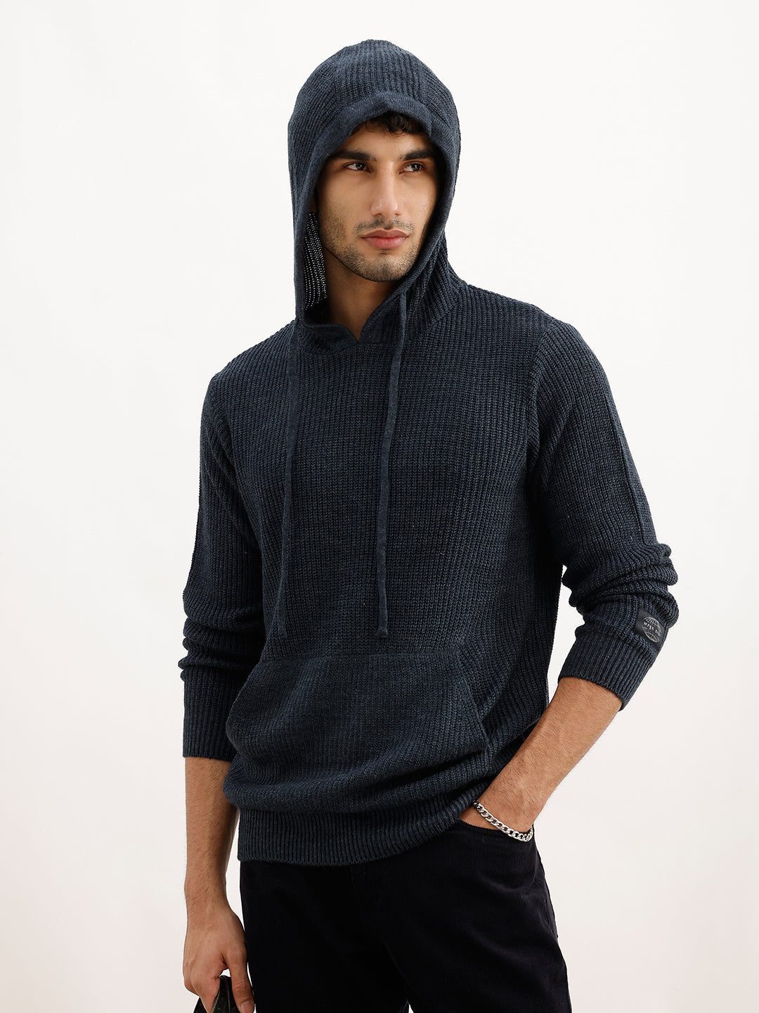 Solid Regular Fit Knitted Hooded Sweater | Blue
