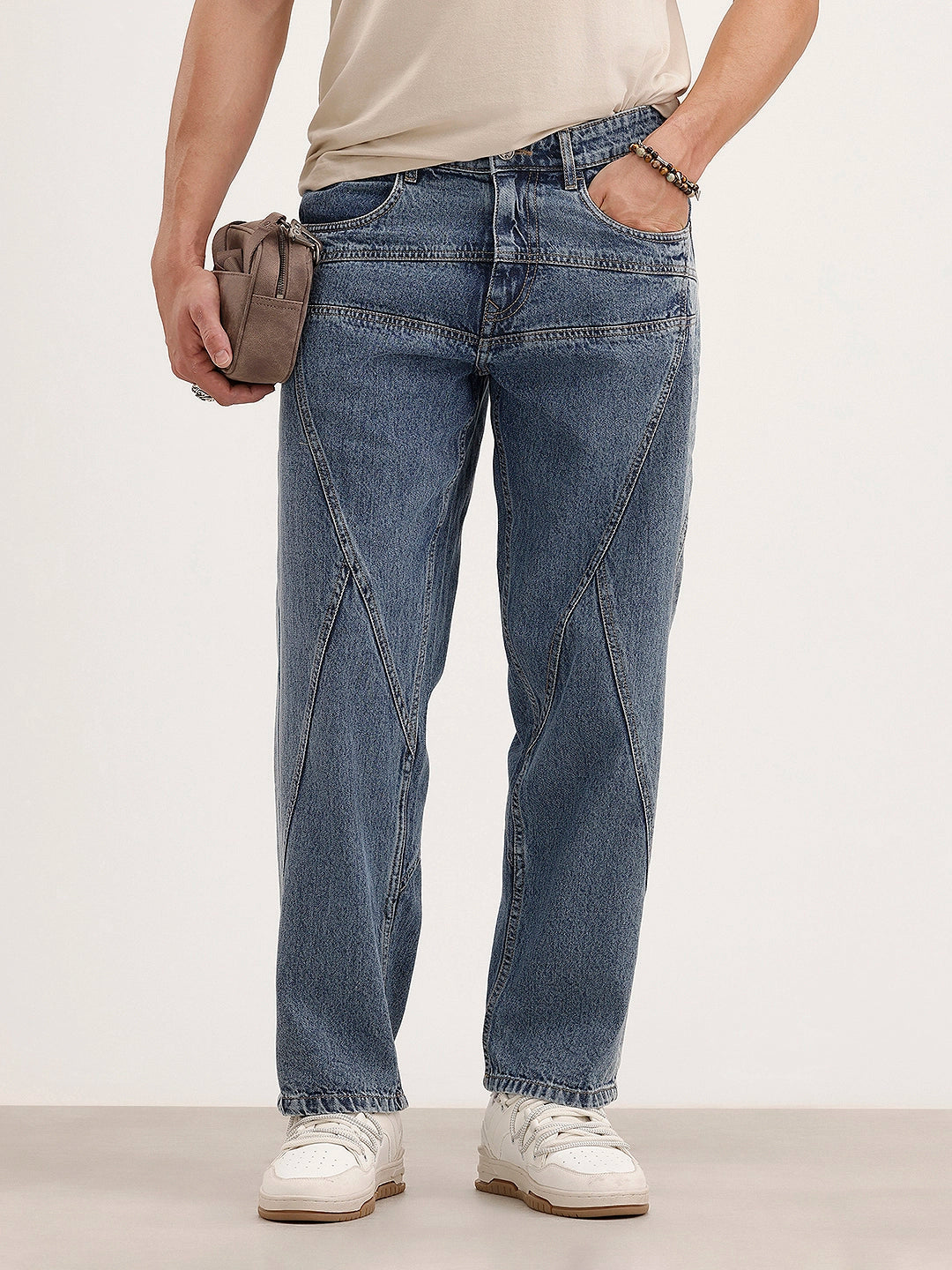 Loose Fit Cut & Sew Denim Jeans | Blue