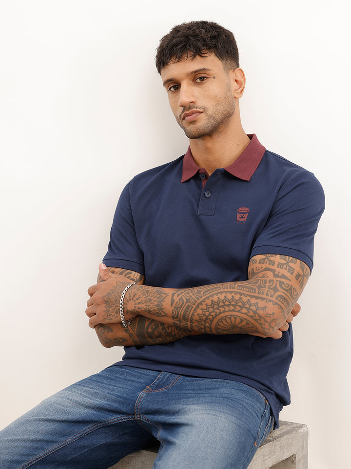 Slim Fit Contrast Collar Polo T-Shirt | Navy Blue