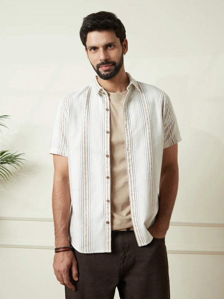 Striped Short Sleeve Textured Shirt  | Off White